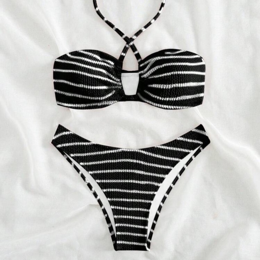 Boutique Black and White Striped Bikini Set